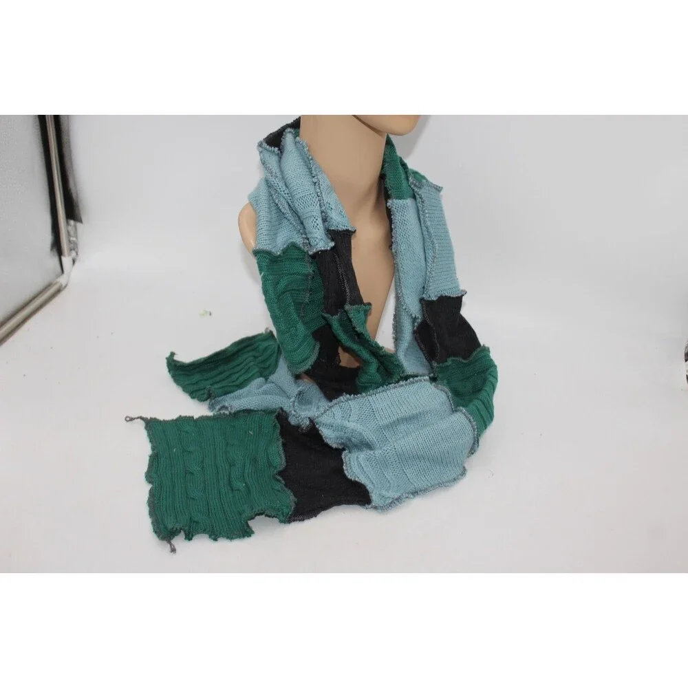 Scarf Upcycled Green Blue Sweaters Winter Scarf Soft Warm Aprx 8' Long Handmade